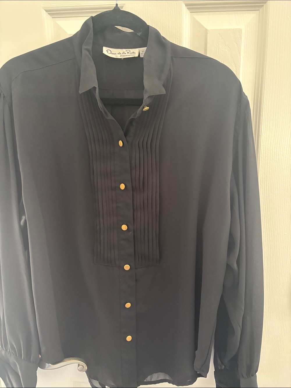 Oscar de la Renta Black Pleated-Front Shirt with Gold Buttons